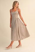 Waitlist 7/8 • Britton Sleeveless Large Back Buckle Stripe Print Midi Dress Cream
