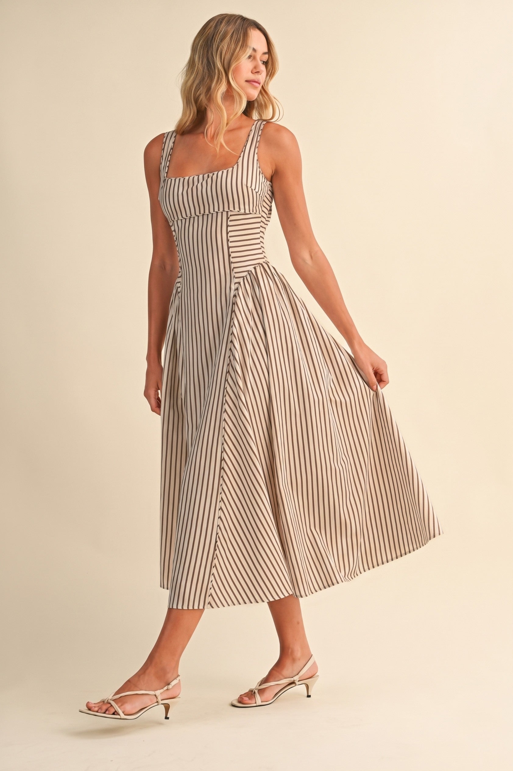 Waitlist 7/8 • Britton Sleeveless Large Back Buckle Stripe Print Midi Dress Cream