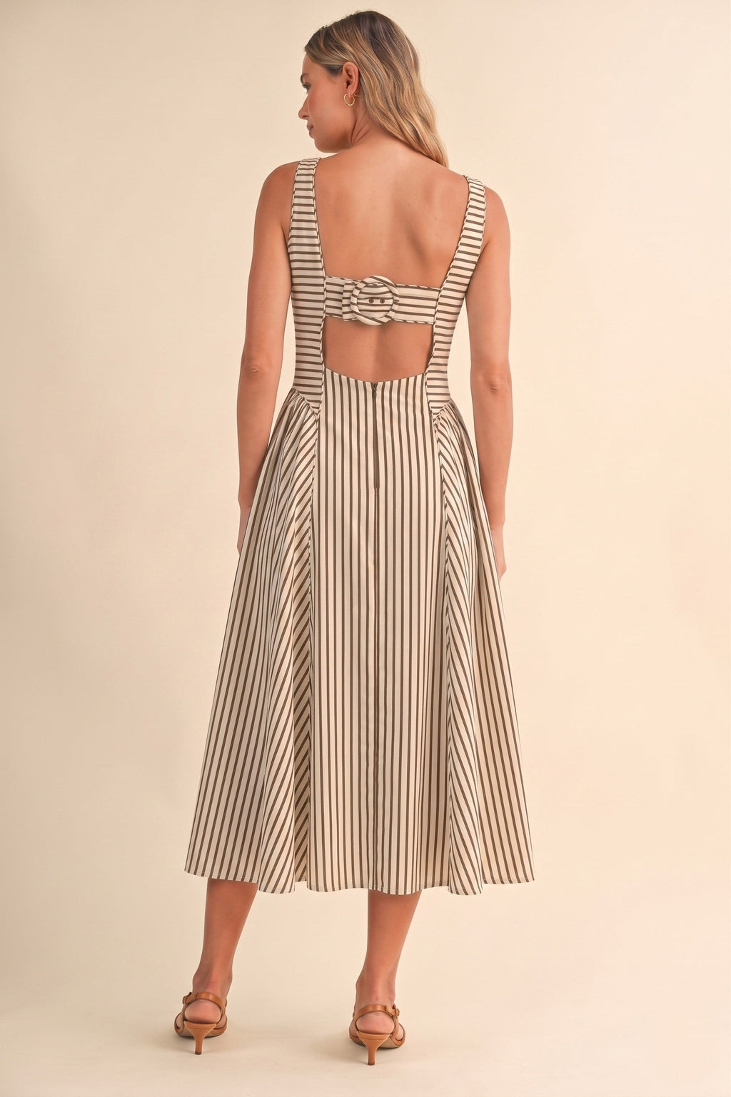 Waitlist 7/8 • Britton Sleeveless Large Back Buckle Stripe Print Midi Dress Cream