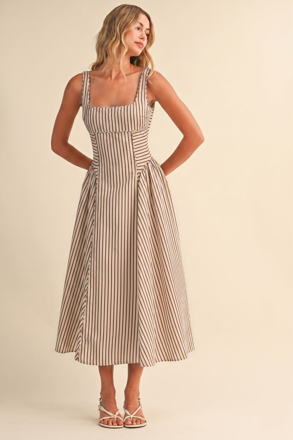 Waitlist 7/8 • Britton Sleeveless Large Back Buckle Stripe Print Midi Dress Cream