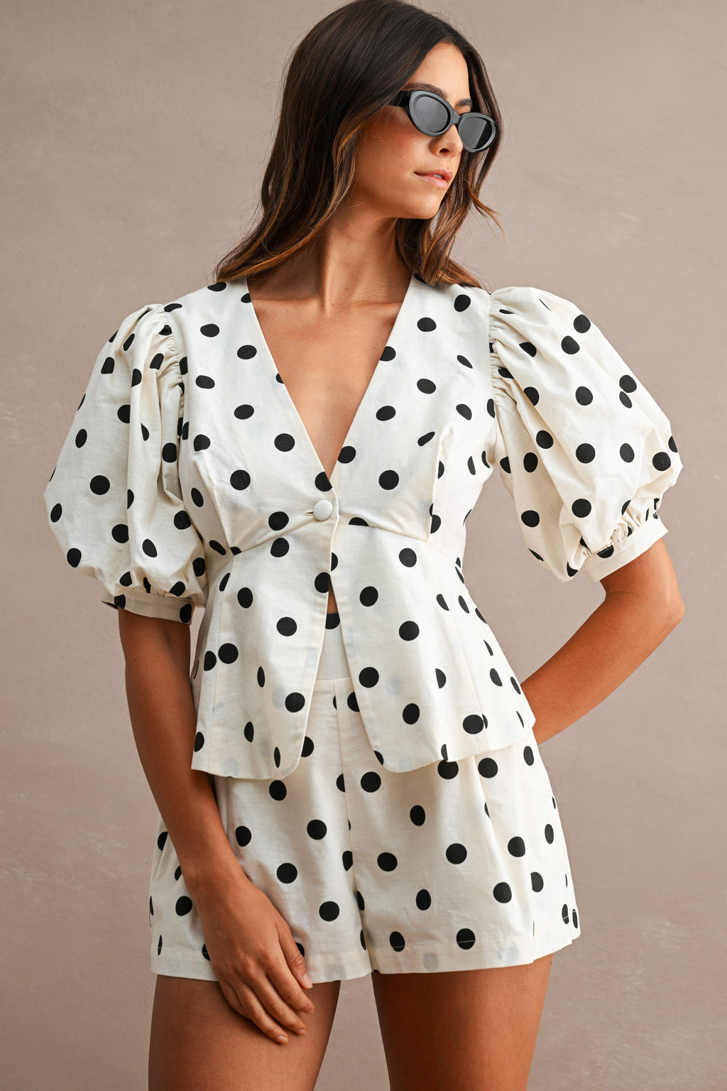 Waitlist 8/5 • Bianca Short Puff Sleeve Peplum Top And Polka Dot Shorts Set Cream