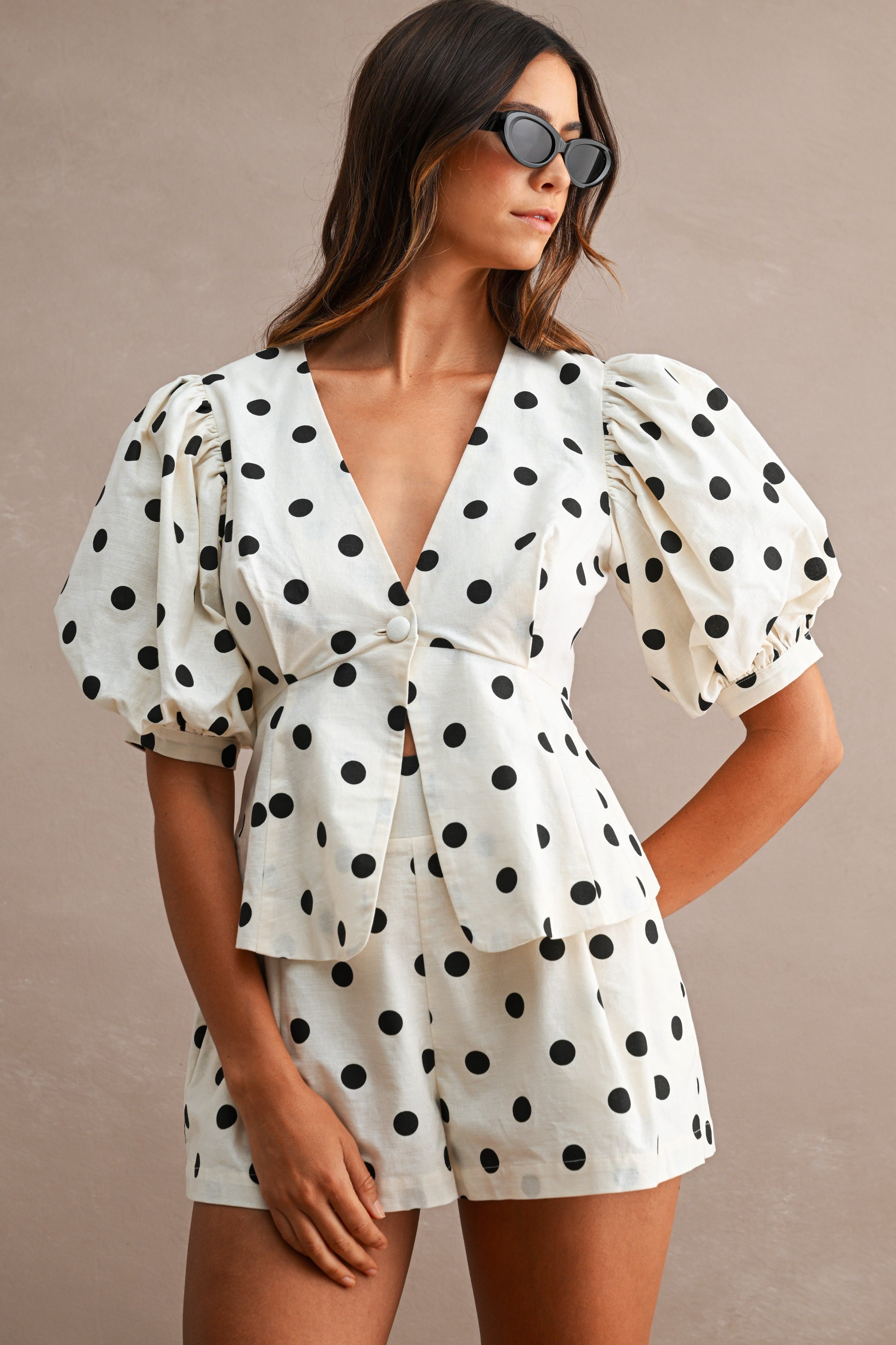 Waitlist 8/5 • Bianca Short Puff Sleeve Peplum Top And Polka Dot Shorts Set Cream