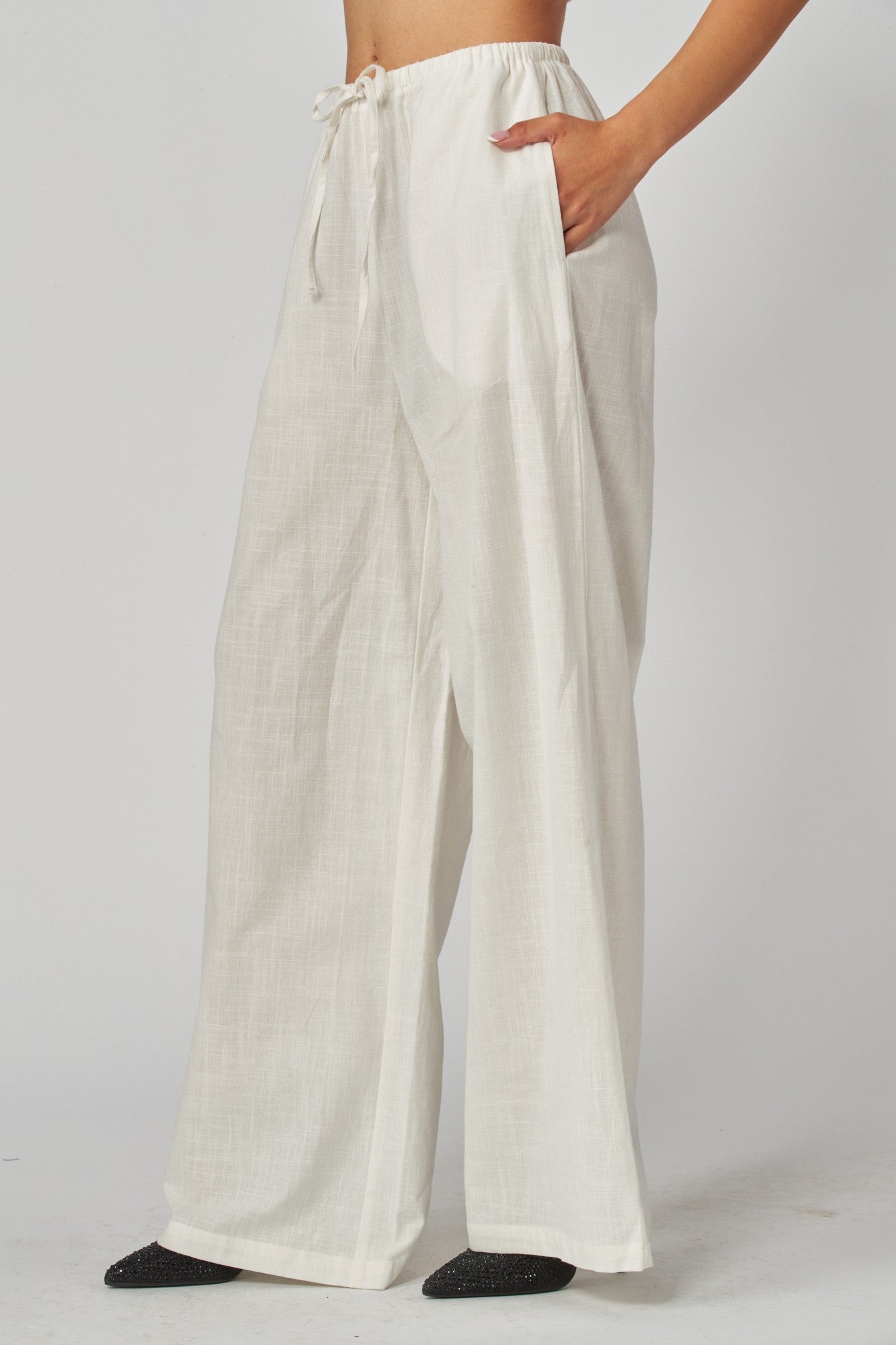 Torrance Drawstring Linen Wide Leg Pants White