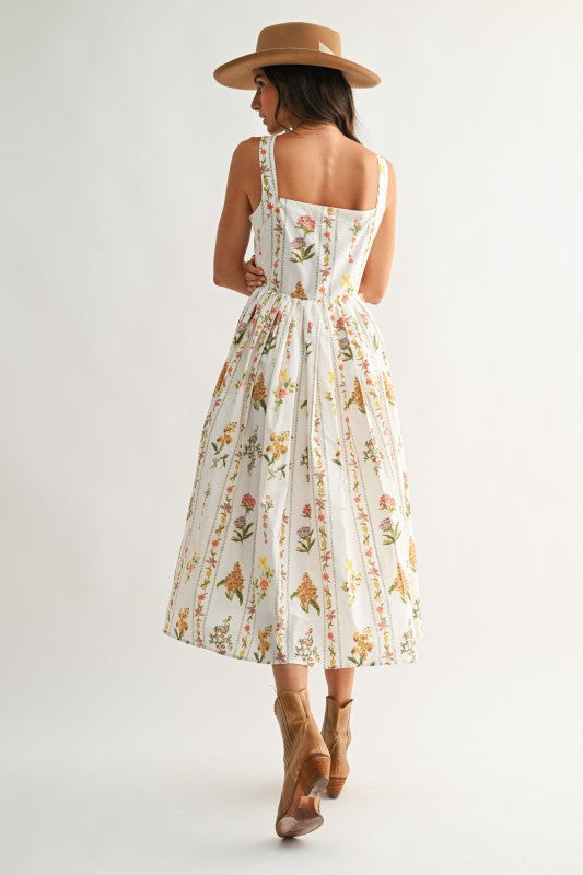 Capri Sleeveless A-Line Floral Print Midi Dress White