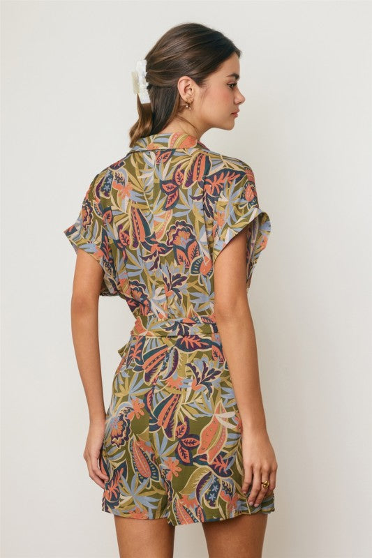 Finley Short Sleeve Waist Tie Tropical Print Romper Green