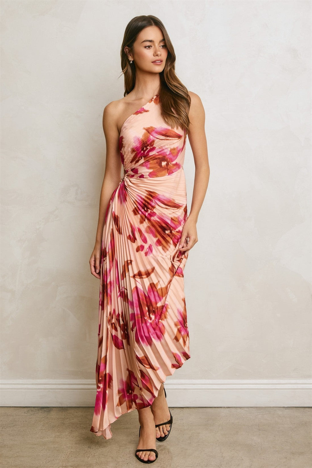 Lucinda Sleeveless One Shoulder Pleated Floral Print Maxi Dress Pink