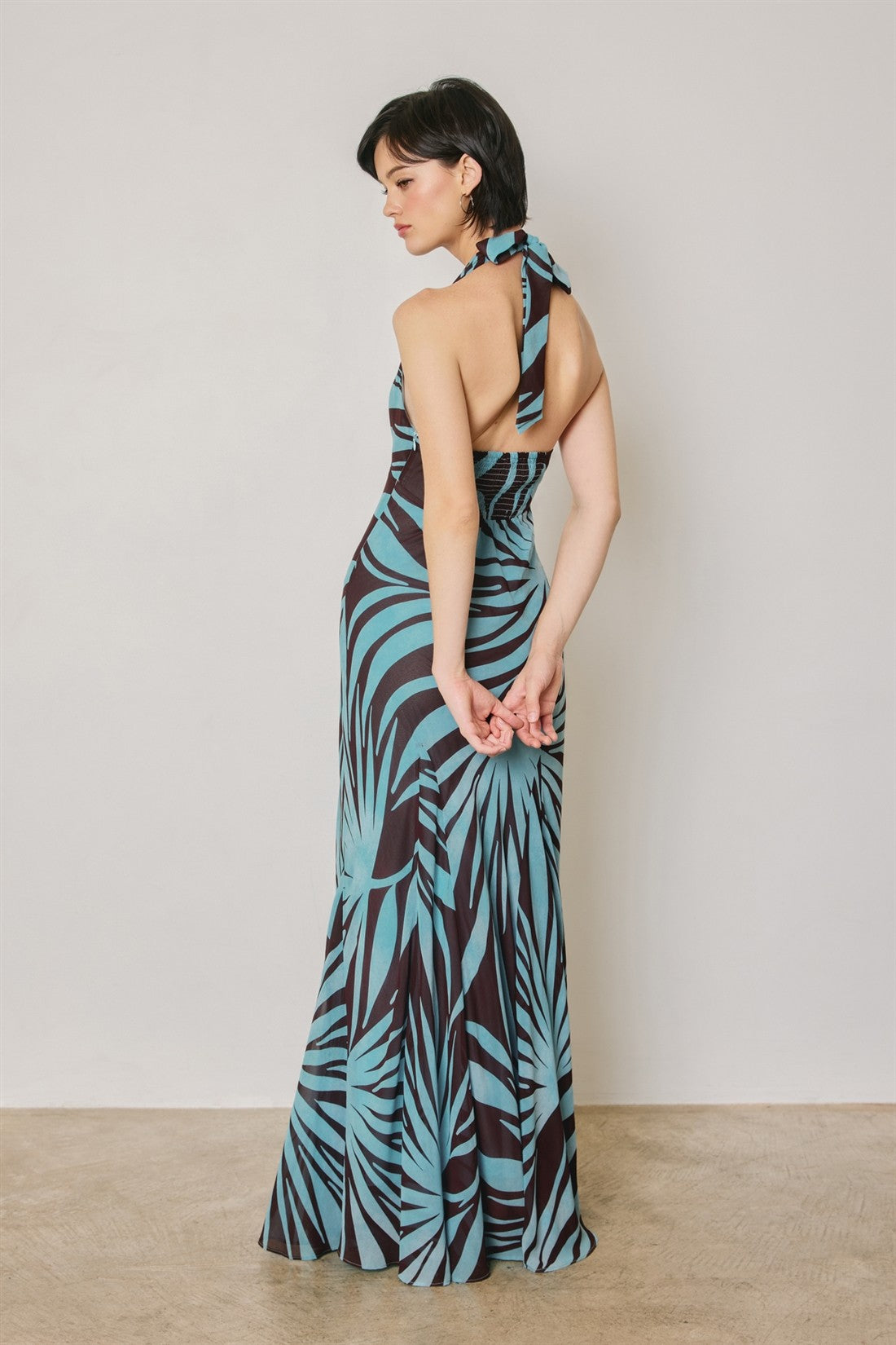 Waitlist 8/5 • Monica Sleeveless Halter Open Back Leaf Print Maxi Dress Blue