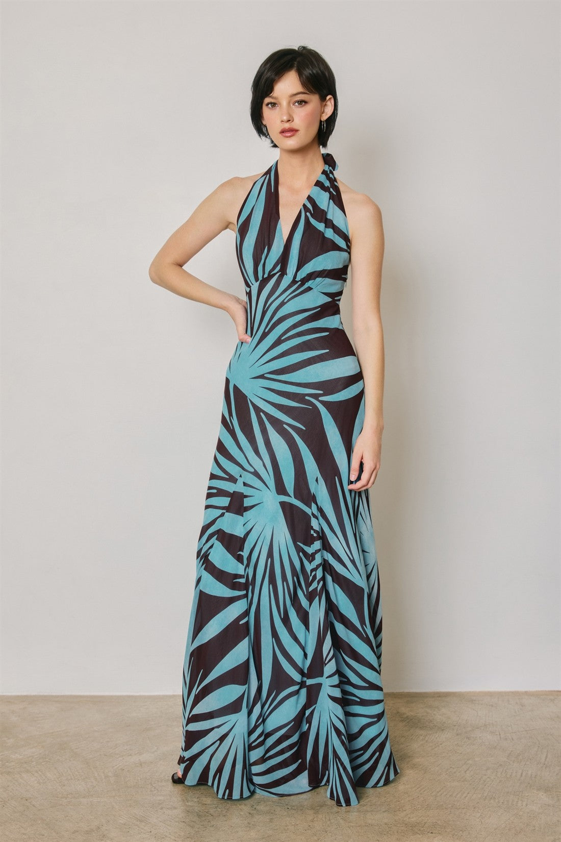 Waitlist 8/5 • Monica Sleeveless Halter Open Back Leaf Print Maxi Dress Blue