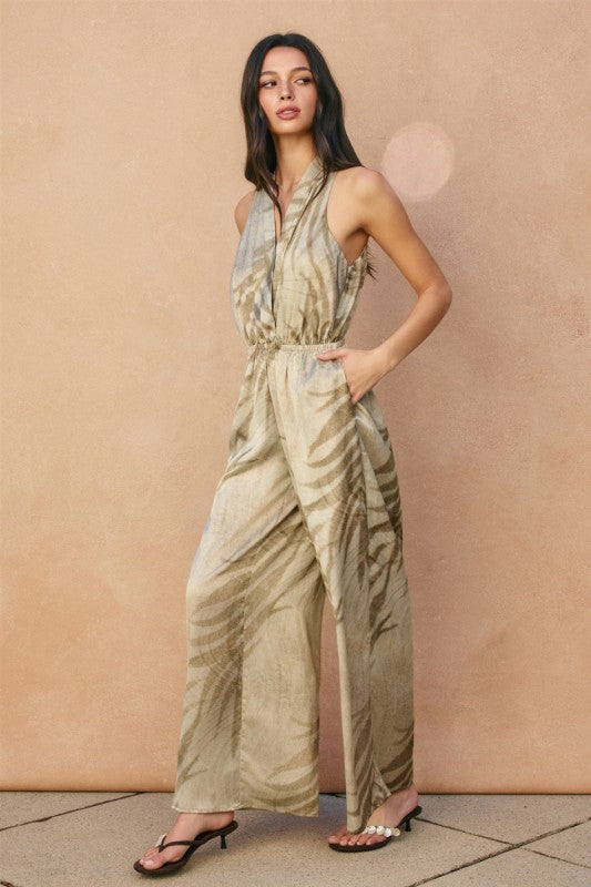 Sylvie Sleeveless Halter Tropical Print Wide Leg Jumpsuit Khaki