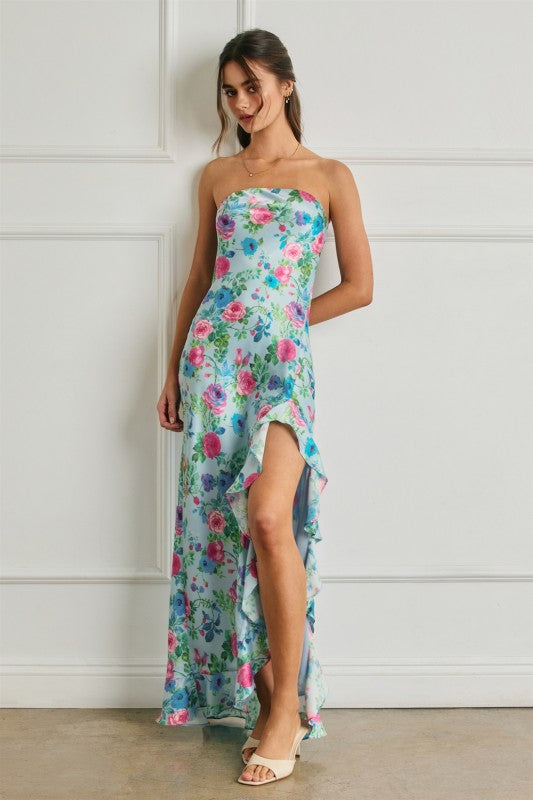 Waitlist 6/25 • Araceli Sleeveless Asymmetrical Floral Print Maxi Dress Blue