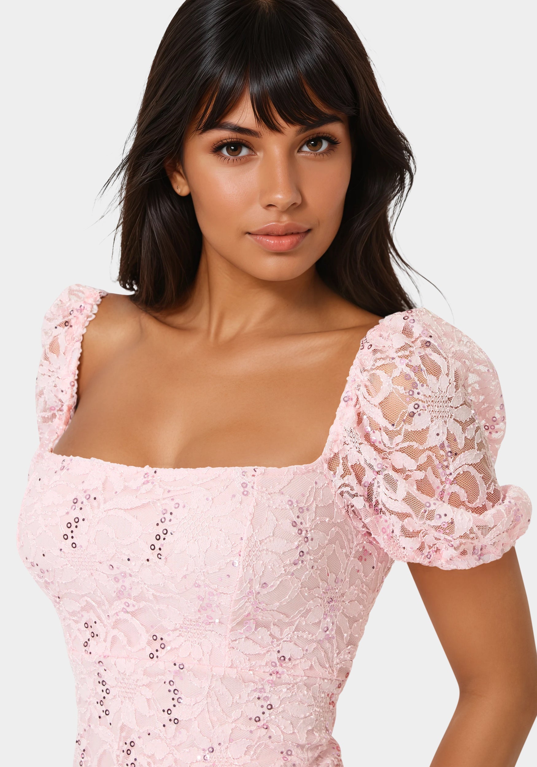 Lace Slim Dress with Puff Sleeves