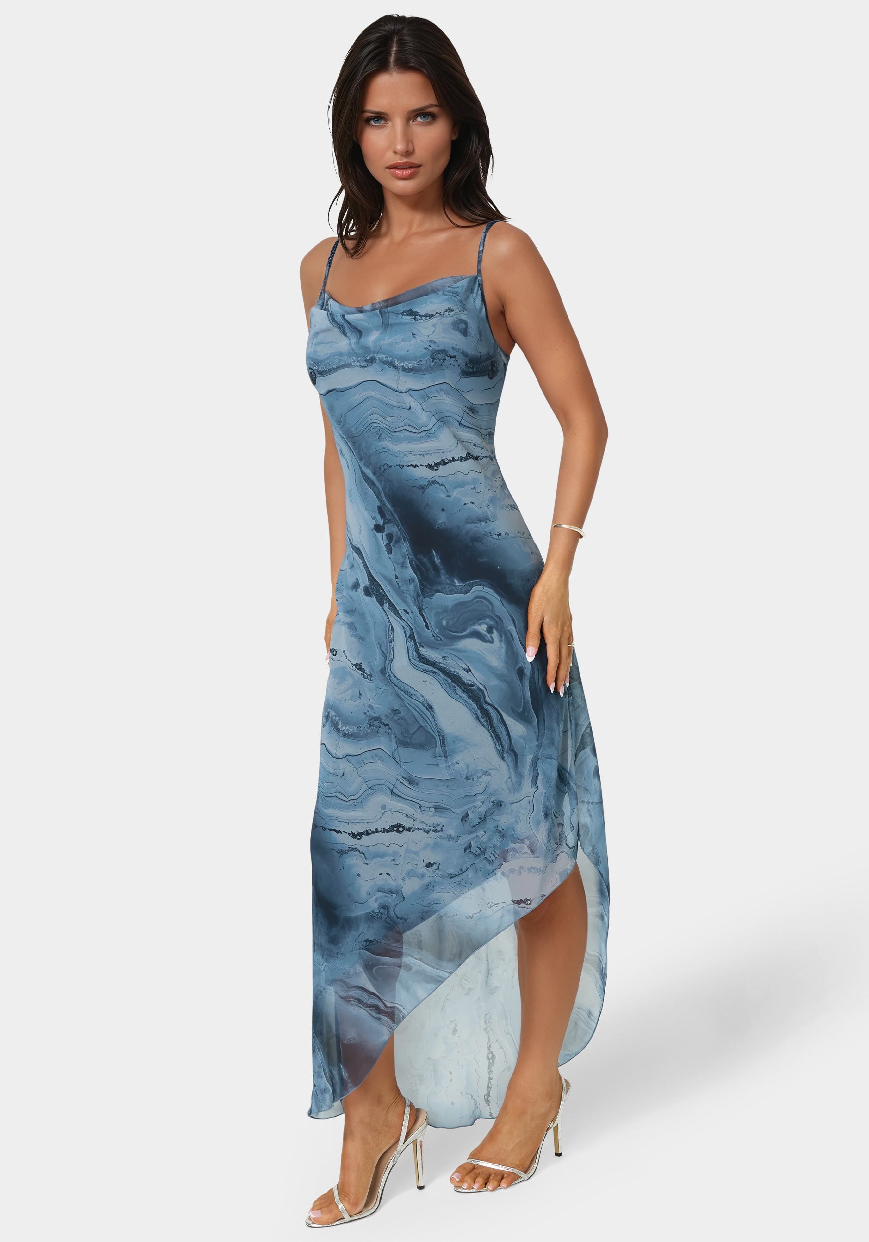 Printed Chiffon Cowl Asymmetrical Maxi Dress