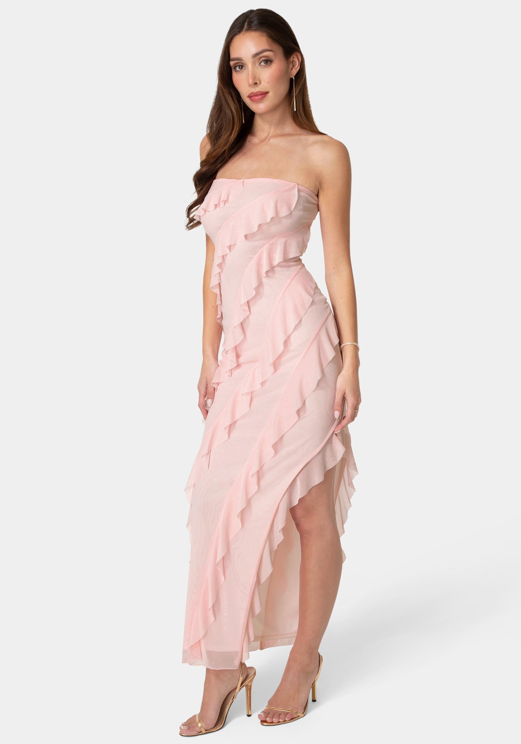 Strapless Mesh Ruffle Maxi Dress