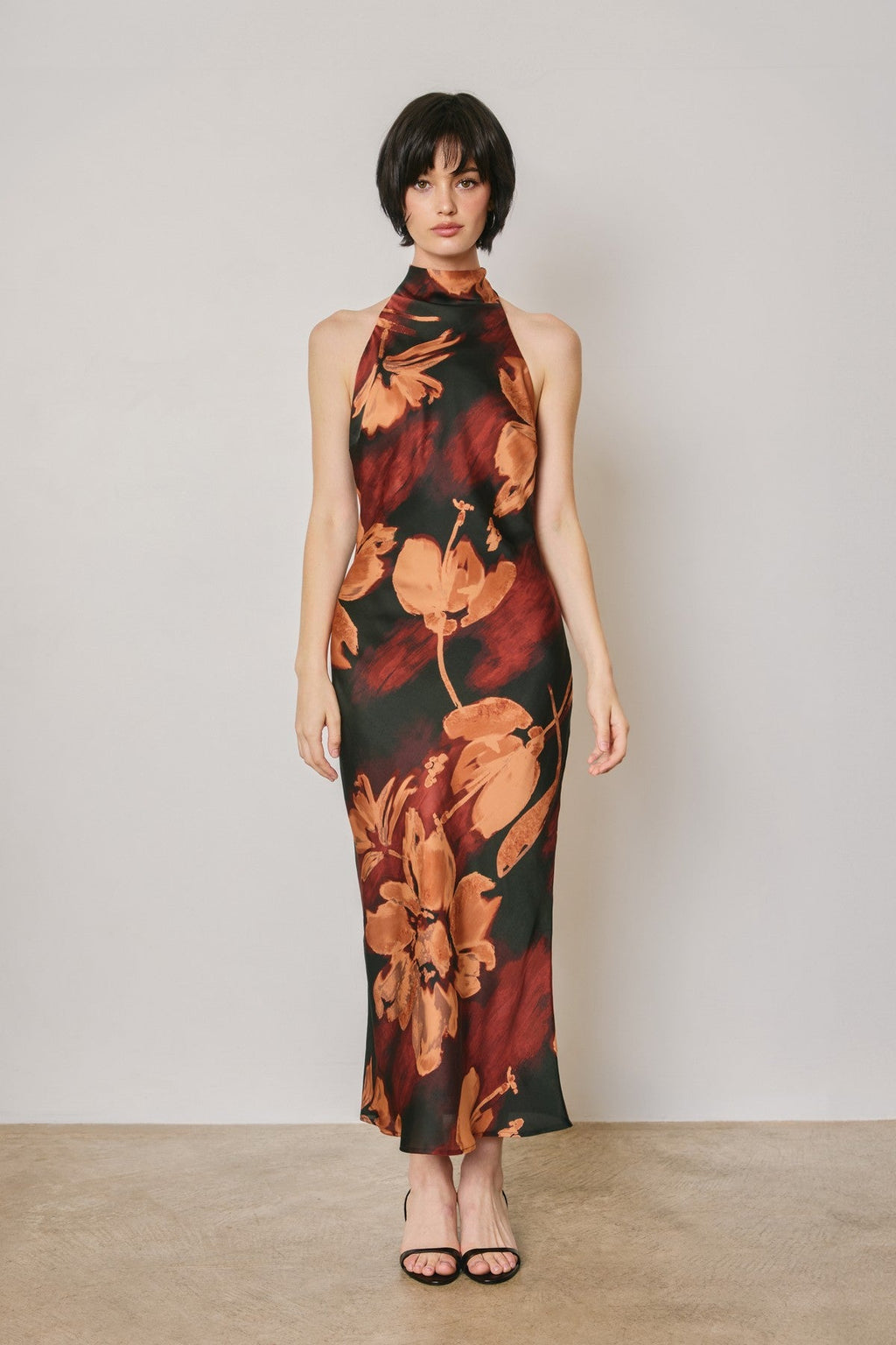 Waitlist 8/5 • Jeanette Sleeveless Halter Floral Print Midi Dress Black