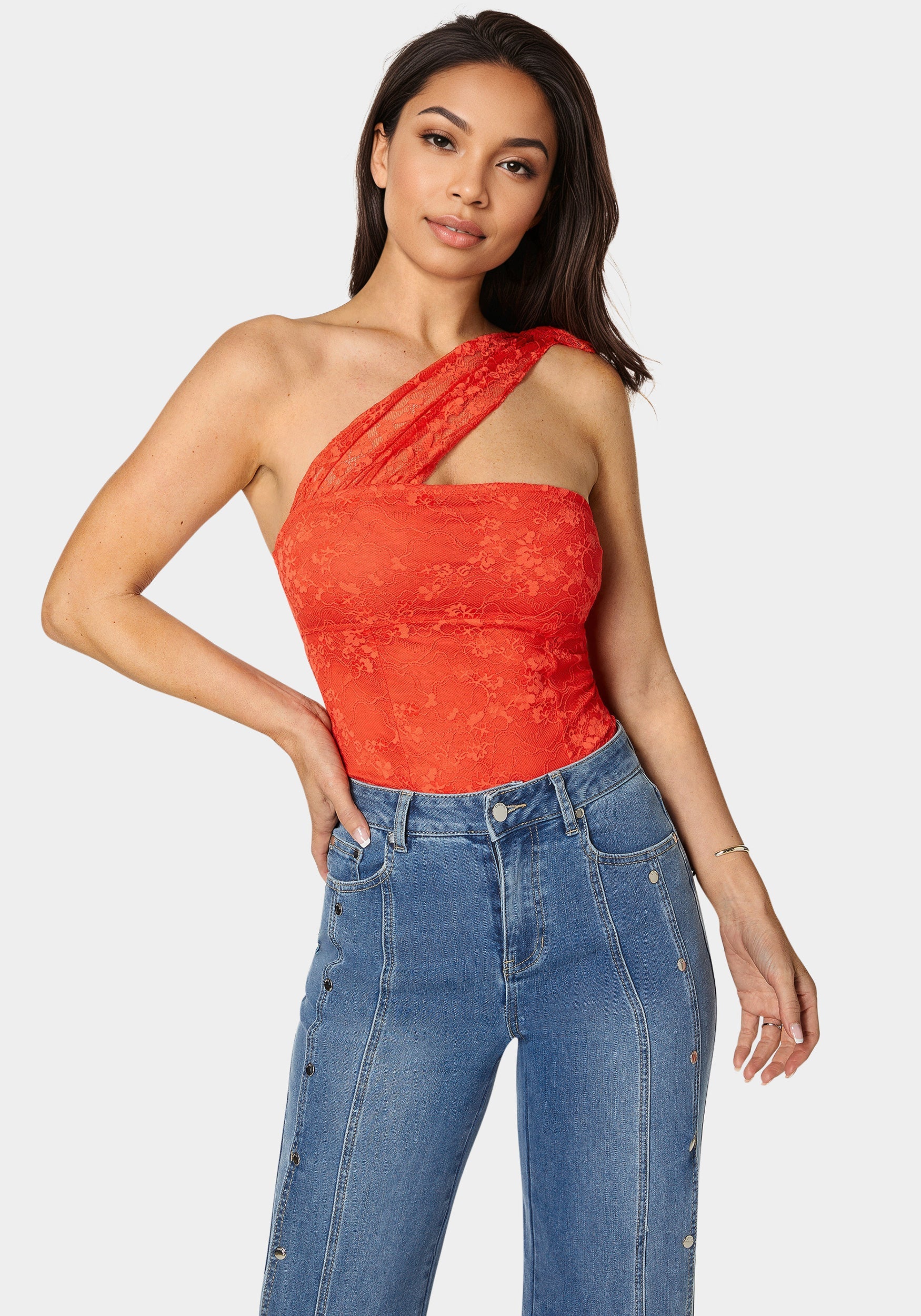 One Shoulder Ruffle Lace Bodysuit