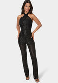 Sequin Halter Mini Flare Leg Jumpsuit