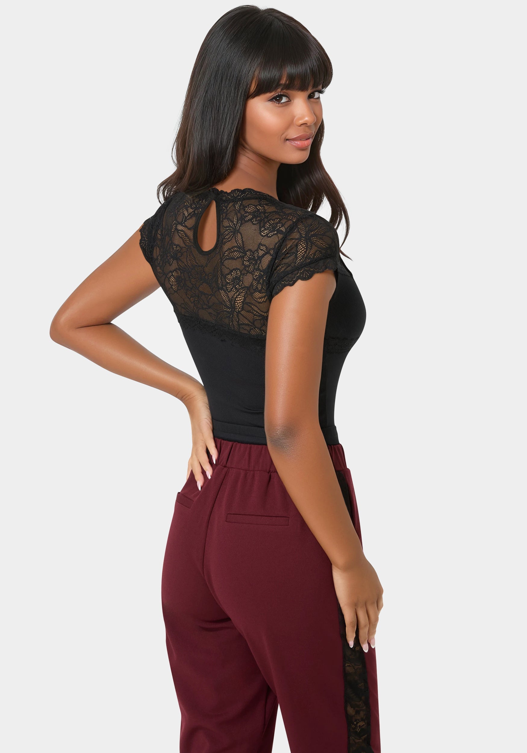 Lace Cap Sleeve Rib Knit Top