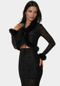 Animal Mesh Faux Fur Trim Long Sleeve Top