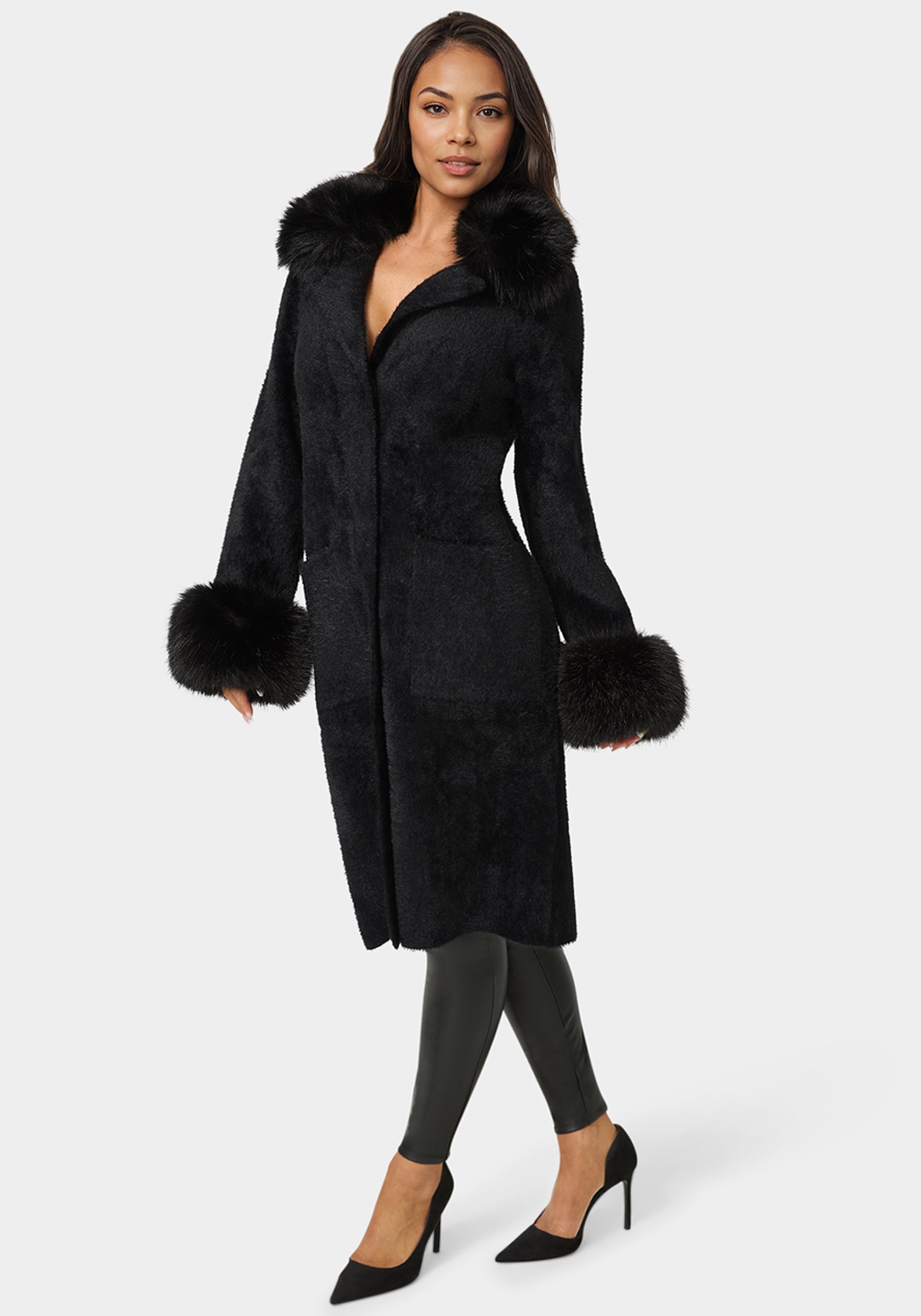 Faux Fur Collar And Cuff Long Coat