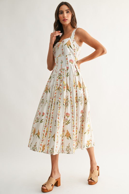 Capri Sleeveless A-Line Floral Print Midi Dress White