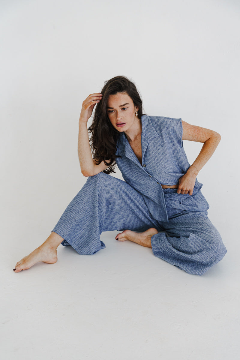 Fiora Short Sleeve Button Down Stripe Print Top Blue