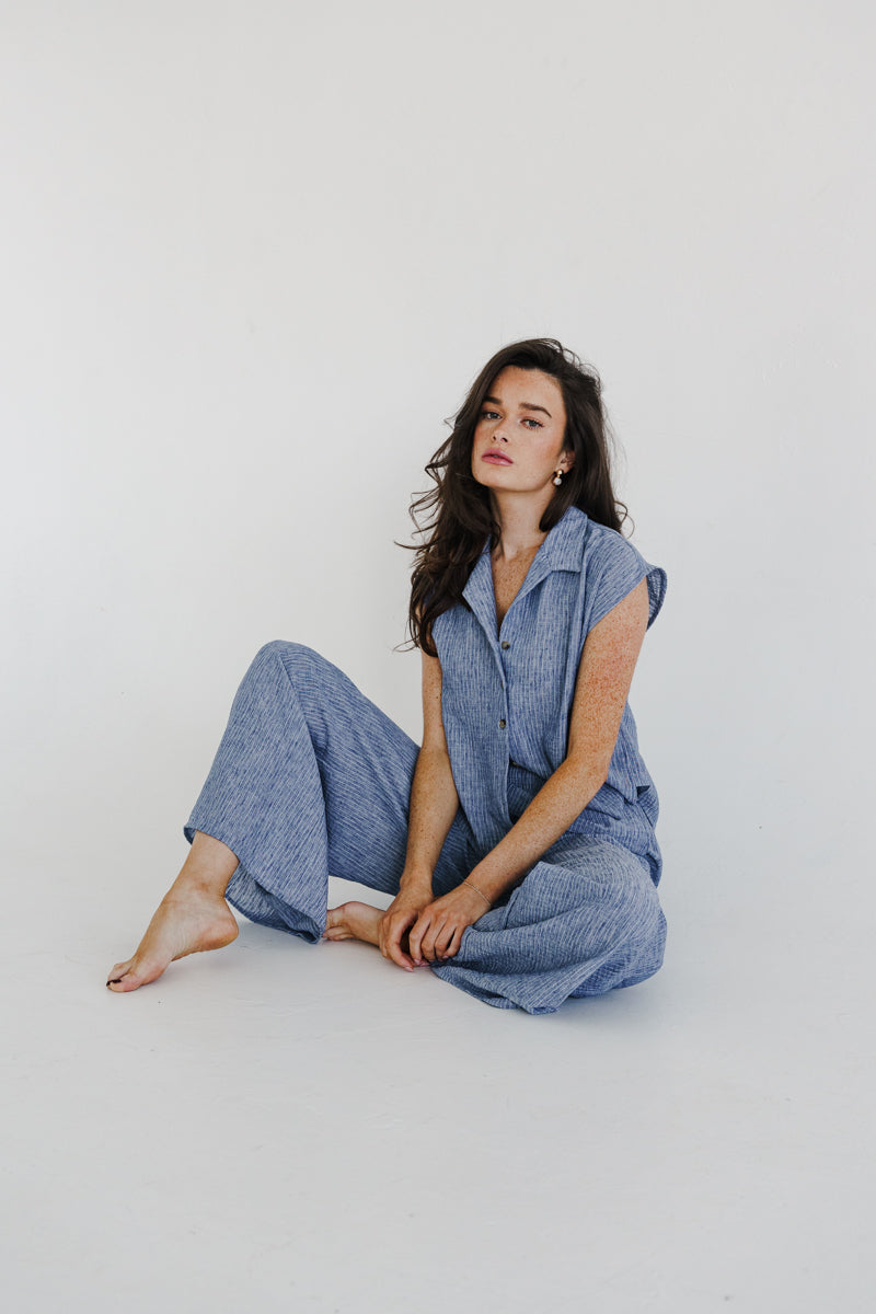 Fiora Short Sleeve Button Down Stripe Print Top Blue