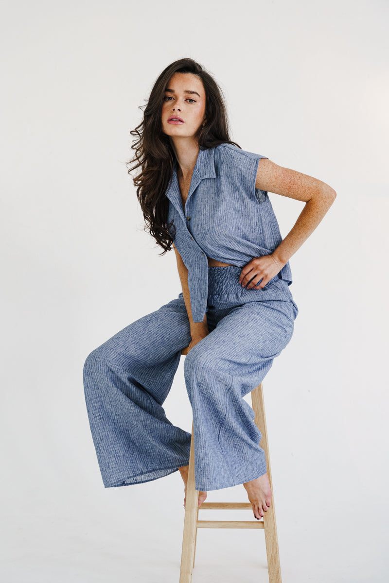 Fiora Short Sleeve Button Down Stripe Print Top Blue