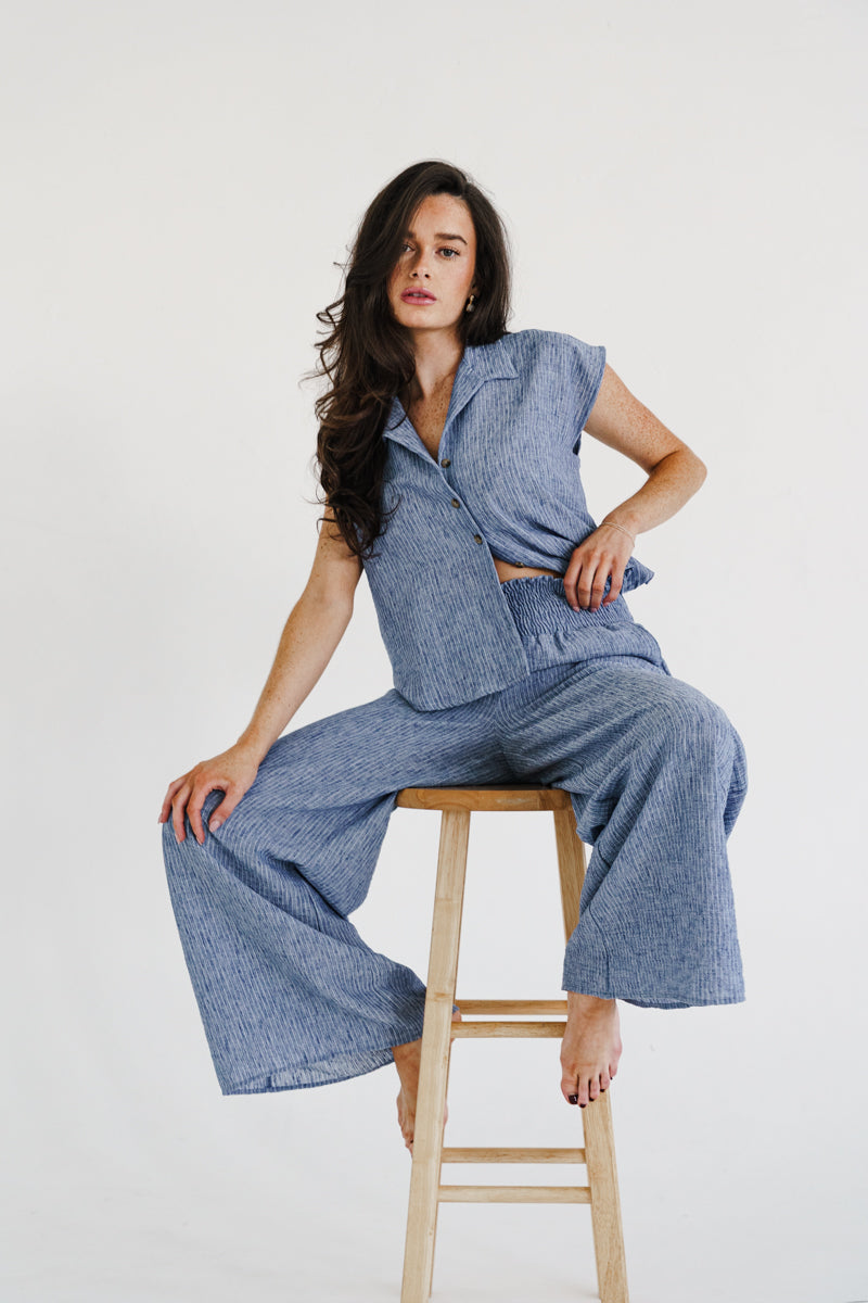 Fiora Short Sleeve Button Down Stripe Print Top Blue