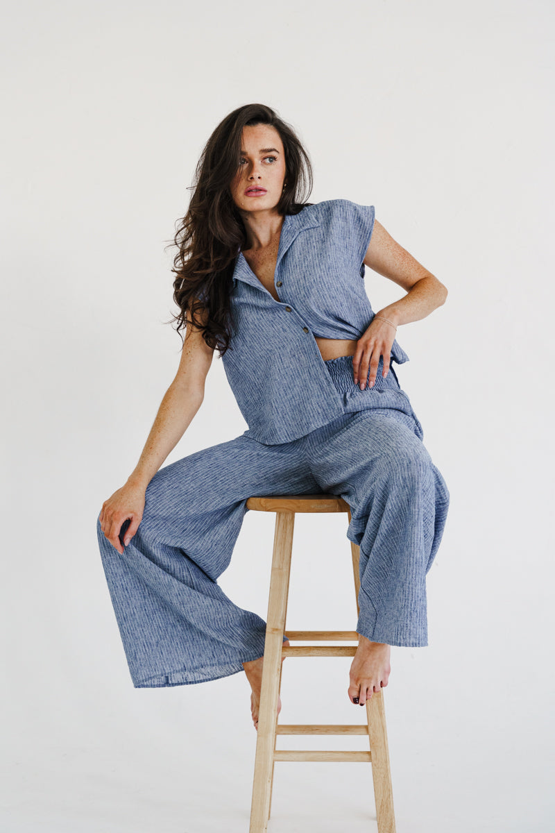 Fiora Short Sleeve Button Down Stripe Print Top Blue