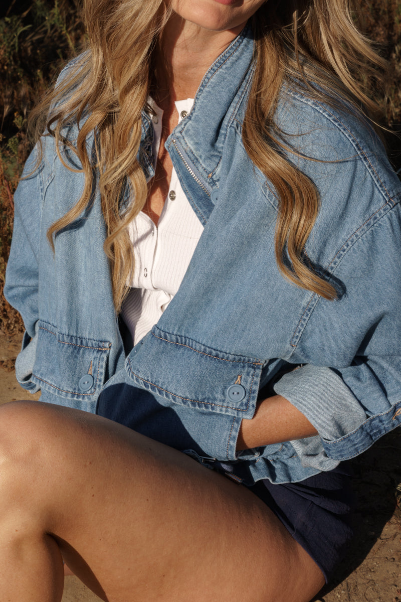 Sydney Long Sleeve Oversized Cargo Denim Jacket Medium Wash