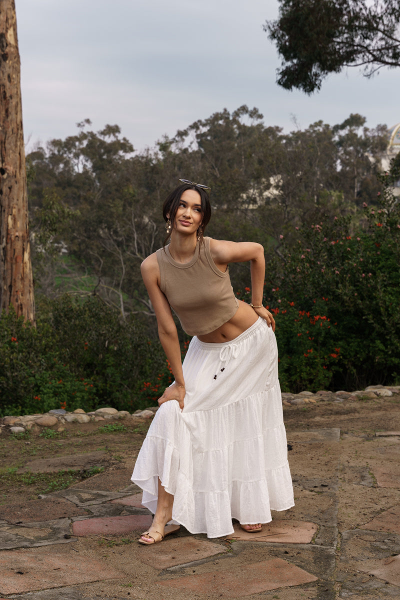 Brenna High Waist Tiered Maxi Skirt White