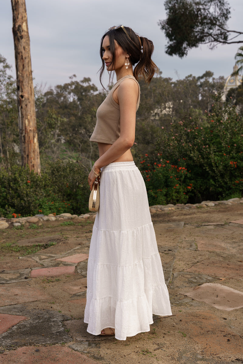 Brenna High Waist Tiered Maxi Skirt White