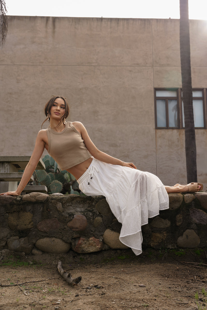 Brenna High Waist Tiered Maxi Skirt White