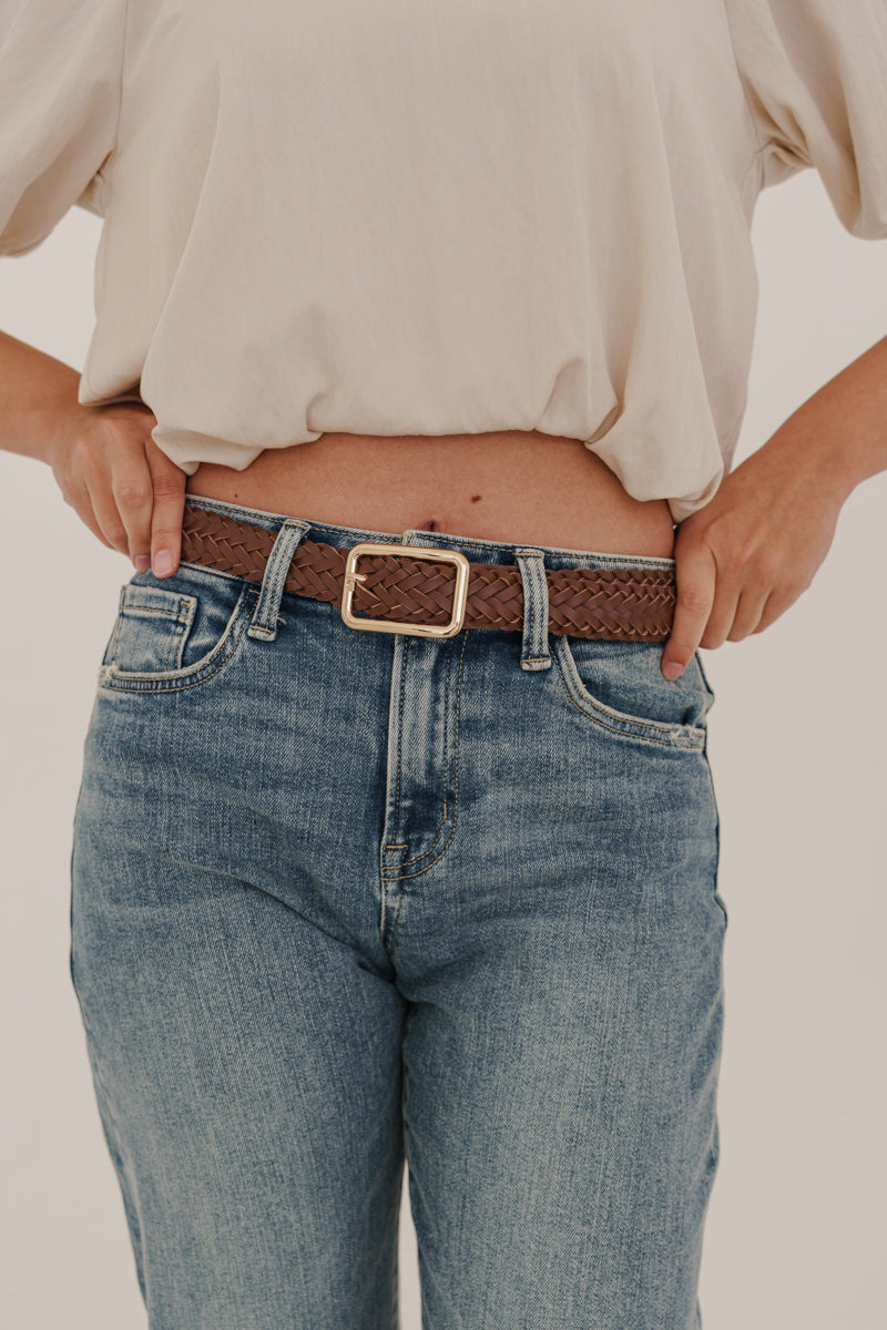 Gabriella Oval Metal Buckle Braided Vegan Leather Belt Brown