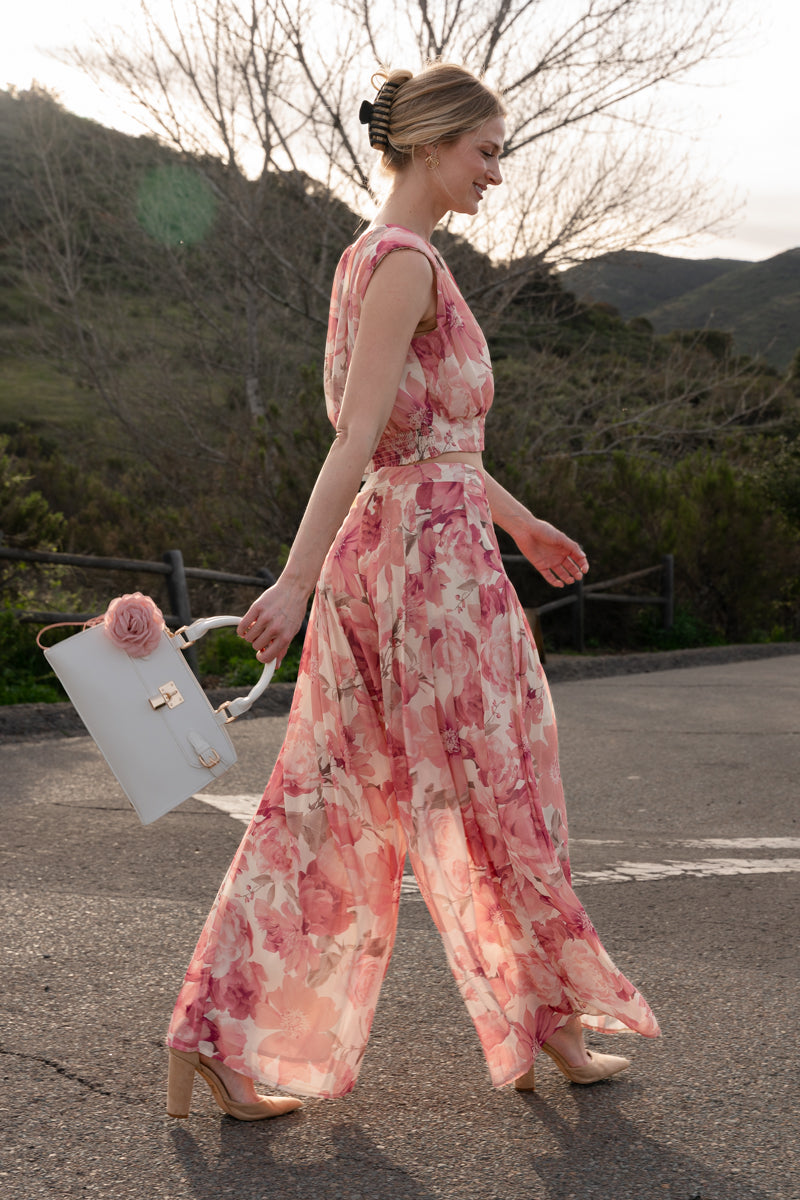 Marlo Sleeveless Floral Print Pleated Top Pink