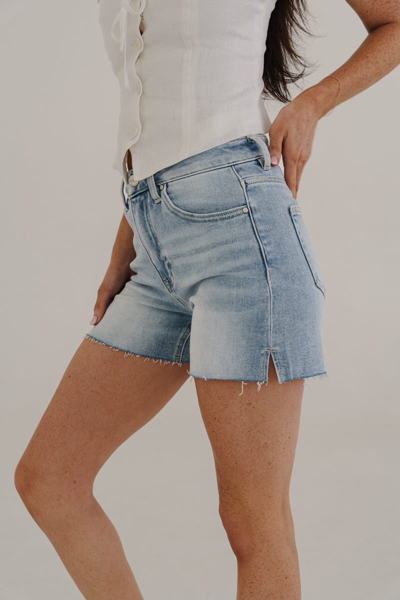 Teresa High Rise Raw Hem Denim Shorts Light Wash