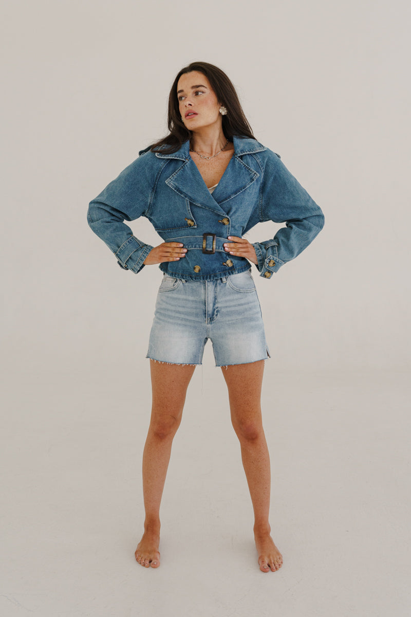 Teresa High Rise Raw Hem Denim Shorts Light Wash