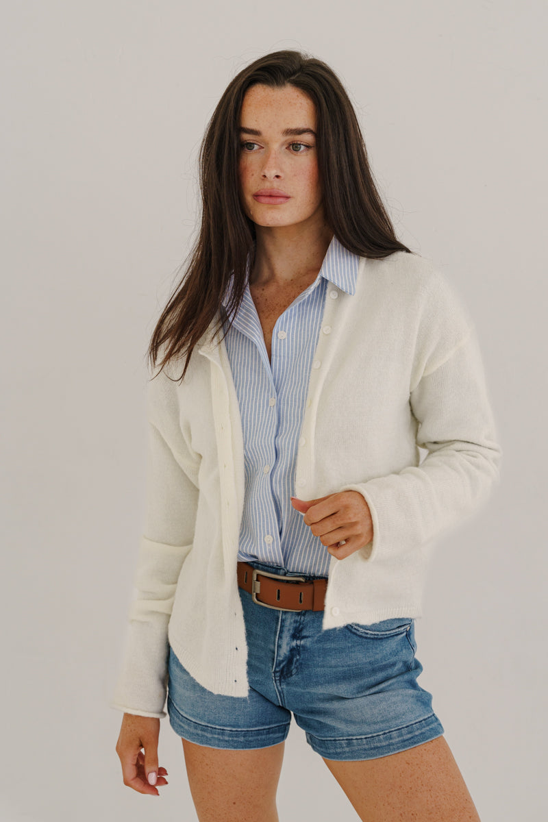 Michelle Long Sleeve Button Down Knit Cardigan White