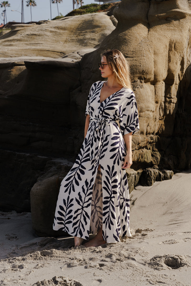 Maryann Short Kimono Sleeve Palm Print Maxi Dress Navy