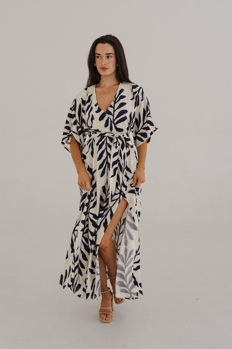 Maryann Short Kimono Sleeve Palm Print Maxi Dress Navy