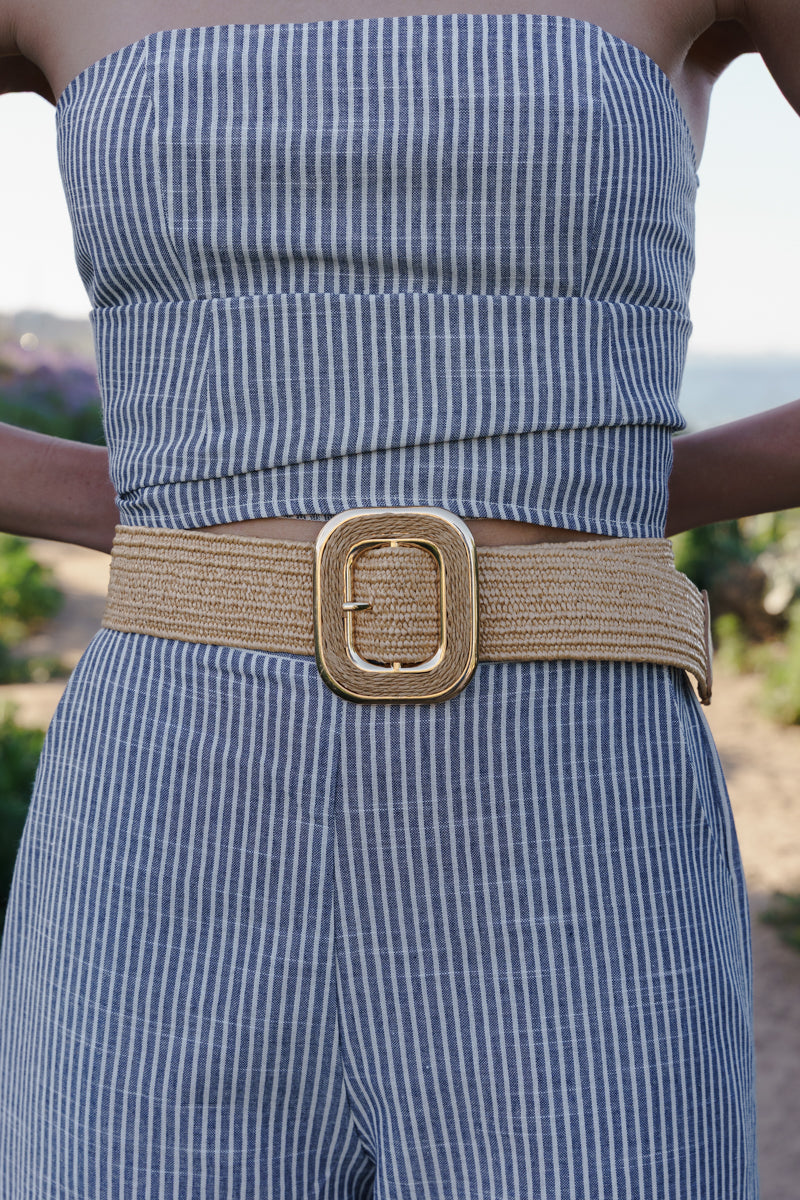 Annika Large Rectangle Woven Belt Beige