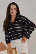 Bailey Long Sleeve Open Cable Knit Hoodie Sweater Navy