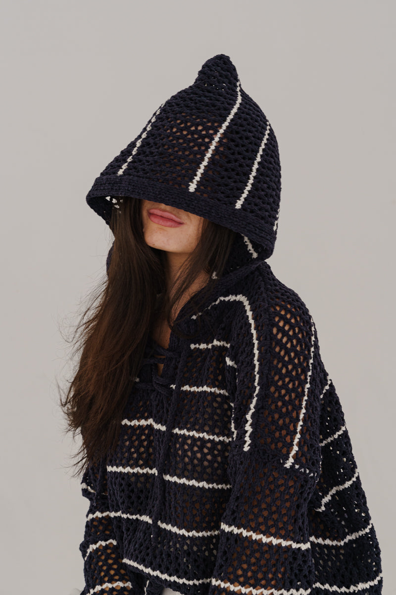 Bailey Long Sleeve Open Cable Knit Hoodie Sweater Navy