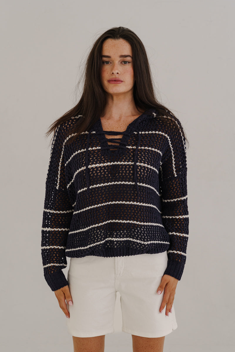 Bailey Long Sleeve Open Cable Knit Hoodie Sweater Navy