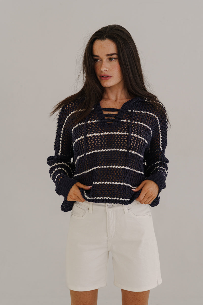 Bailey Long Sleeve Open Cable Knit Hoodie Sweater Navy
