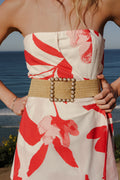 Banks Large Square Weaved Faux Pearl Belt Beige