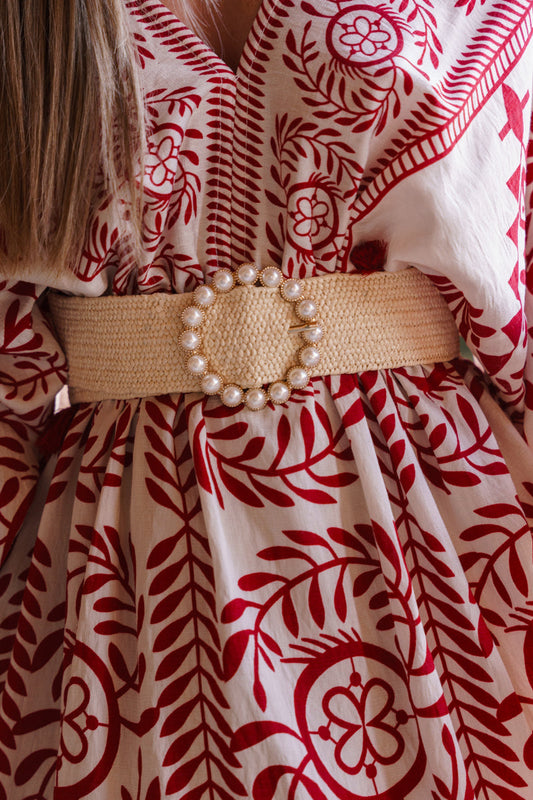 Joss Large Weaved Faux Pearl Belt Beige