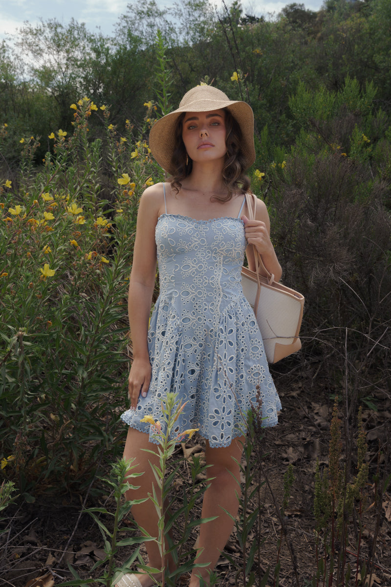 Alicia Sleeveless Embroidered Eyelet Mini Dress Blue