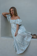 Stella Short Puff Sleeve Floral Print Midi Dress Blue