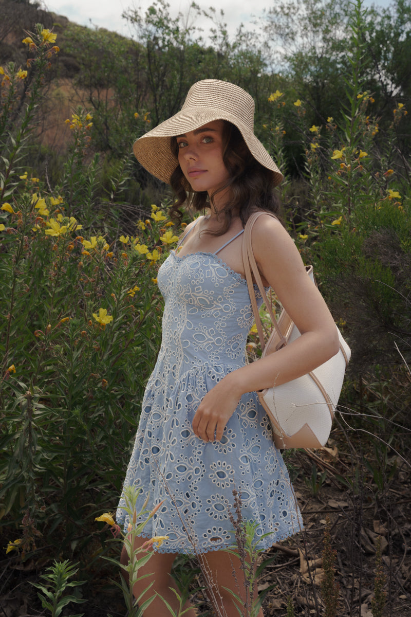 Alicia Sleeveless Embroidered Eyelet Mini Dress Blue